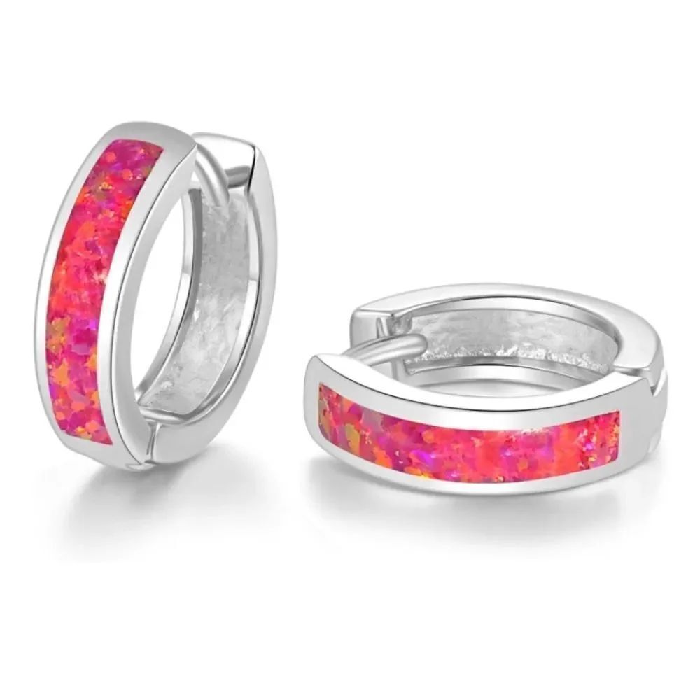 14K White Gold with Genuine Red Fire Opal Huggie Hoop Snap Hinge Earrings